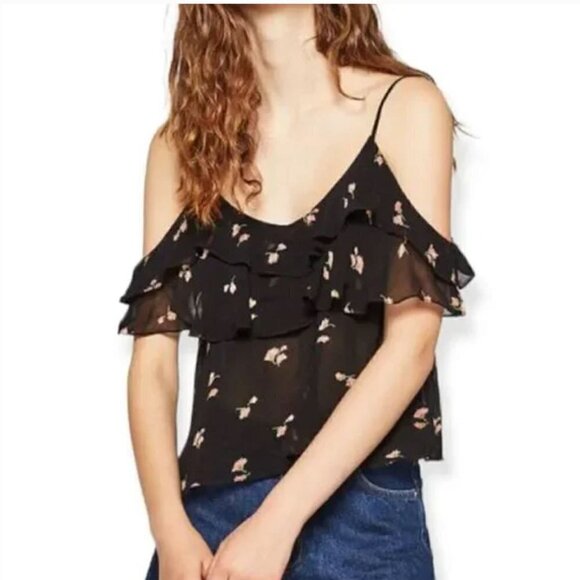 ZARA 𝅺TRAFALUC black floral chiffon off shoulder top S - Picture 1 of 6